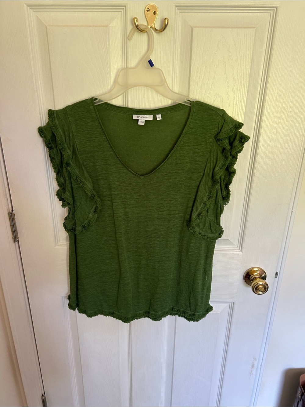 Chico's Olive Green V-Neck Ruffle Sleeve Tee